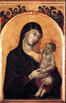 Duccio : Madone et enfant avec six anges. 1300-1305. Tempera sur bois, 97 x 63 cm. Pérouse, Galleria Nazionale dell&rsquo;Umbria