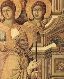  Duccio di Buoninsegna : la Maestà, face avant, détail : saint Savino (Savin), un des patrons de Sienne. 1308-1311. Tempera sur bois, 79 x 65 cm. Sienne, musée de luvre du Dôme. Le détail montre Saint Savino, un des saints patrons de Sienne