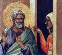 Duccio : Maestà : le Christ outragé, détail : le reniement de Pierre. 1308-1311. Tempera sur bois. Sienne, musée de l’Œuvre du Dôme