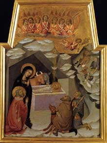 Bartolo di FrediÂ : NativitÃ© et adoration des bergers. Vers 1383. Tempera et or sur bois, 50 x 35 cm. Vatican, PinacothÃšque