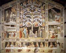 Taddeo Gaddi : La Cène, l’Arbre de Vie et 4 scènes de miracles. 1360s. Fresque, 1120 x 1170 cm. Florence, Santa Croce