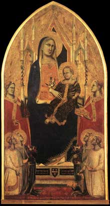 Taddeo Gaddi : Madone et enfant trônant avec anges et saints. 1355. Tempera sur bois, 154 x 80 cm. Florence, les Offices