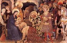 Gentile da Fabriano : Adoration des mages, détail. 1423 Tempera sur bois, 300 x 282 cm. Florence, les Offices