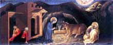 Gentile da Fabriano : Nativité. Détail de la prédelle du retable de l’Adoration des Mages. 1423. Tempera sur bois, 32 x 75 cm. Florence, les Offices