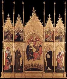 Gentile da Fabriano : Couronnement de la Vierge avec saints. Vers 1400. Tempera sur panneau de bois. Milan, Pinacothèque de la Brera
