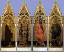Gentile da Fabriano : Quatre saints du polyptyque Quaratesi : 1425. Tempera sur panneau de bois, 197 x 57 cm. (chaque panneau). Florence, les Offices