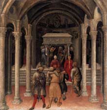 Gentile da Fabriano : Retable Quaratesi, prédelle : pélerins sur la tombe de Saint Nicolas de Bari. 1425. Panneau de bois, 36 x 35 cm. Washington, National Gallery of Art
