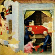 Gentile da Fabriano : Retable Quaratesi, prédelle : Saint Nicolas et les trios pauvres filles. 1425. Huile sur panneau de bois. Vatican, Pinacothèque.Pinacothèque