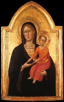 Don Silvestro dei Gherarducci : Madone et enfant. 1365-1370. Tempera sur bois, 49 x 31 cm. Collection privée. Les petites dimensions du panneau suggèrent qu’il a été réalisé pour la dévotion privée