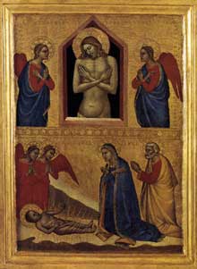 Francescuccio Ghissi : Saint Jean l’Evangéliste réssucitant Satheus. Vers 1370. Tempera sur bois, feuille dor. New York, Metropolitan Museum of Art