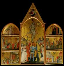 Giovanni del Biondo : Martyr de Saint Sébastien et scènes de sa vie. Vers 1370. Tempera sur bois, 224 x89 cm. Florence, muse de l’oeuvre du dôme