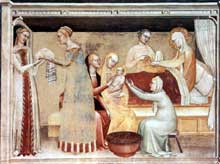 Giovanni da Milano : La naissance de la Vierge. 1365. Fresque. Florence, Santa Croce, chapelle Rinuccini