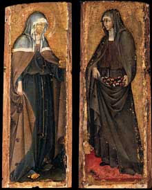 Giovanni di Paolo : saintes Claire et Elisabeth de Hongrie. Vers 1445. Huile sur panneau, 32 x 12 cm (chaque panneau). Collection privée