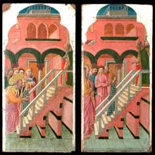 Giovanni da Rimini : Cycle de la vie de la vierge : la Présentation de la Vierge au Temple et la Vierge montant les degrés du Temple. Entre 1440 et 1450. Huile sur bois, 30 cm x 59 cm. Paris, Musée du Louvre