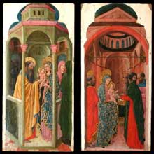 Giovanni da Rimini : Cycle de la vie de la vierge : la présentation de Jésus au temple et la Circoncision. Entre 1440 et 1450. Huile sur bois, 30 cm x 59 cm. Paris, Musée du Louvre