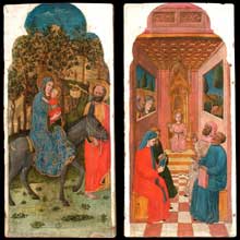 Giovanni da Rimini : Cycle de la vie de la vierge : la fuite en Egypte et Jésus parmi les docteurs au Temple. Entre 1440 et 1450. Huile sur bois, 30 cm x 59 cm. Paris, Musée du Louvre