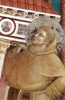 Giotto : Légende de saint François : le songe dInnocent III, détail. 1297-1299. Assise, église supérieure Saint François