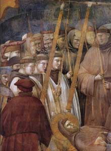 Giotto : Légende de saint François : vérification des stigmates, détail. 1300. Fresque. Assise, église supérieure Saint François