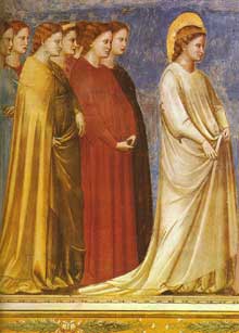 Giotto : Scènes de la vie de la Vierge : la procession de mariage, détail. 1304-1306. Fresque. Padoue: la chapelle Scrovegni ou chapelle de lArena