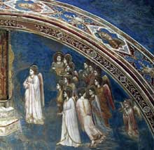 Giotto : Scènes de la vie de la Vierge : Dieu envoie l’ange à la Vierge, détail. 1304-1306. Fresque. Padoue: la chapelle Scrovegni ou chapelle de l’Arena