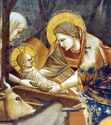 Giotto : Scènes de la vie du Christ : la Nativité, détail. 1304-1306. Fresque, largeur: 100 cm. Padoue : la chapelle Scrovegni ou chapelle de l’Arena
