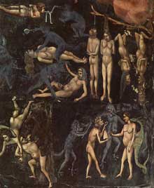 Giotto : Le Jugement dernier, détail. Les damnés, qui se trouvent dans le coin inférieur droit, tombent dans lenfer dominé par la figure de Satan. 1306. Fresque. Padoue: la chapelle Scrovegni ou chapelle de lArena