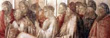 Giotto : Scènes de la vie de saint Jean lEvangéliste : la résurrection de Drusiana, détail. 1320. Fresque. Florence, Santa Croce, Chapelle Peruzzi