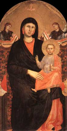 Giotto : Madone et enfant. 1295-1300.Tempera sur bois, 180 x 90 cm. Florence, San Giorgio alla Costa