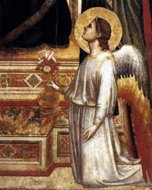 Giotto : La Madone « Ognissanti » (Maestà), détail. Vers 1310. Tempera sur bois, 325 x 204 cm. Florence, les Offices