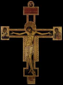 Giunta Pisano : Crucifixion. 1240s. Tempera sur bois. Assise Santa Maria degli Angeli. Cette oeuvre est une copie du dernier Cricifix peint pour le frère Elias pour l’église d’Assise