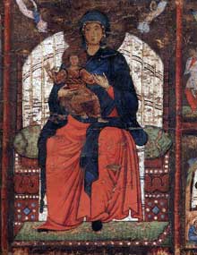 Vierge à l’enfant trônant et scènes de la vie de la Vierge, détail. 1270-1275. Tempera sur bois, 79,2 x 120 cm. Anvers, Museum Mayer van den Bergh