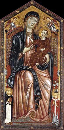 Vierge à l’enfant trônant avec saint Dominique, saint Martin et deux Anges. Vers 1290. Tempera sur panneau de bois, 117 x 87 cm. Madrid, Museo Thyssen-Bornemisza
