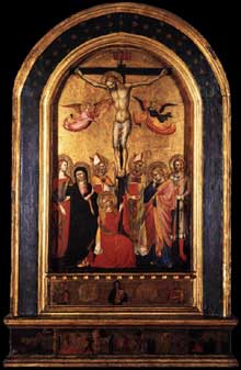 Crucifixion avec vierge et saints. 1380-1390s.Tempera sur panneau de bois, 88 x 50 cm.Collection privée