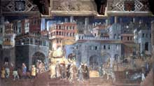Ambrogio Lorenzetti : Les effets du bon gouvernement sur la vie de la cité (détail). 1338-1340.Fresque. Sienne, Palais Public