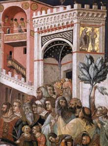 Pietro LorenzettiÂ : EntrÃ©e du Christ Ã  Jerusalem, dÃ©tail. Vers 1320. Fresque. Assise, Ã©glise infÃ©rieure saint FranÃ§ois, transept sud