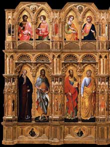 Lorenzo Veneziano : Le Polyptyque Lion, partie gauche. 1357-1359. Tempera sur panneau de bois, 258 x 432 cm. Venise, Gallerie dell’Accademia