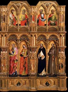 Lorenzo Veneziano : Le Polyptyque Lion, partie droite. 1357-1359. Tempera sur panneau de bois, 258 x 432 cm. Venise, Gallerie dell’Accademia