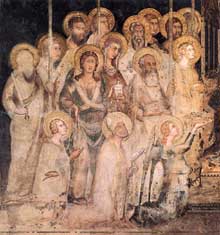 Simone Martini : Maestà, détail. 1315. Fresque, 763 x 970 cm. Sienne, Palazzo Pubblico