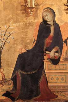 Simone Martini : l’Annonciation et deux Saints, détail. 1333. Tempera sur bois, 265 x 305 cm. Florence, les Offices