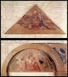 Simone Martini : le Sauveur bénissant (tympan) et Madone d’humilité (lunette). 1341. Fresque. Avignon, Notre-Dame-des-Doms