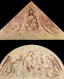 Simone Martini : le Sauveur bénissant (tympan) et Madone d’humilité (lunette). 1341. Troisième synopie. Avignon, Palais des papes