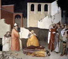 Maso di Banco : Le miracle du pape Sylvestre, détail. Vers 1340. Fresque, largeur, 534 cm. Florence, Santa Croce, chapelle di Bardi di Vernio