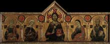 Meliore di Jacopo : Le Christ rédempteur et quatre Saints. 1271. Tempera sur bois, 85 x 210 cm. Florence, les Offices