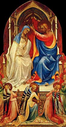 Lorenzo Monaco : le couronnement de la Vierge avec saints, panneau central. Vers 1414. Tempera à l’oeuf sur peuplier, 217 x 115 cm. Londres, National Gallery