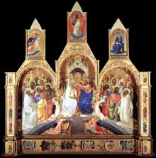 Lorenzo Monaco : le couronnement de la Vierge avec saints. 1414. Tempera sur bois, 450 x 350 cm. Florence, les Offices