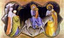 Lorenzo Monaco : la fuite en Egypte. Vers 1405. Tempera sur peuplie, 21,2 x 35,5 cm. Altenburg, Lindenau-Museu