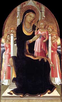 Lorenzo Monaco : Vierge trônant avec l’enfant et six Anges. 1415-1420. Tempera sur bois, 147 x 82 cm. Marid, Colection Thyssen-Bornemisza