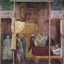 Maître de Sainte Cécile : la légende de saint François : scène 26 : la guérison d’un disciple du saint. Vers 1300. Fresque, 270 x 230 cm. Eglise supérieure de Saint François d’Assise