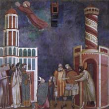 Maître de Sainte Cécile : la légende de saint François : scène 28 : libération de l’hérétique repenti. Vers 1300. Fresque, 270 x 230 cm. Eglise supérieure de Saint François d’Assise