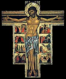 Maître de Saint François Bardi : Crucifix avec scènes du calvaire. Mi XIIIè. Panneau de bois, 247 x 200 cm. Florence, les Offices